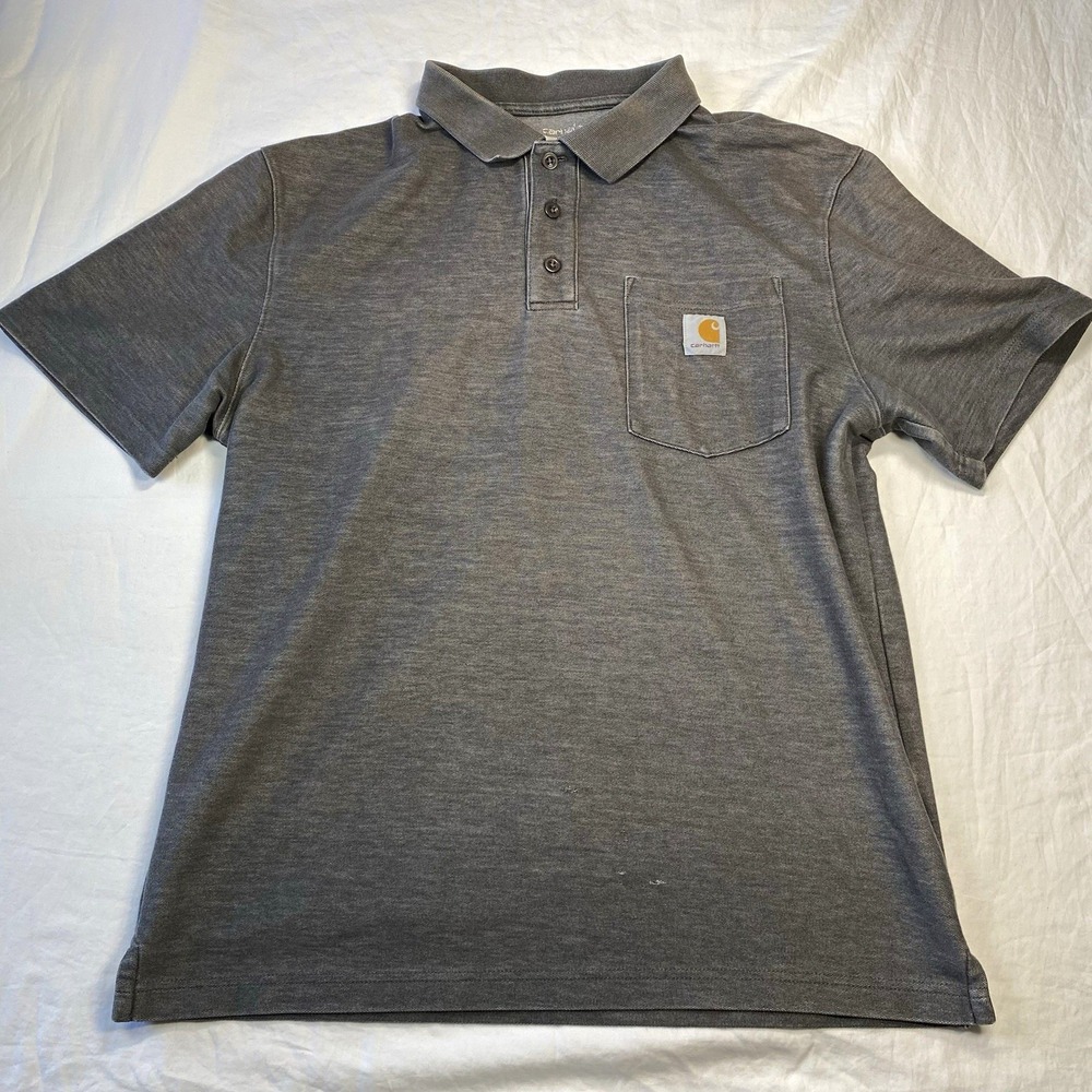 Carhartt Men's Gray Solid Knit Short Sleeve Polo Shirt Pocket Logo, M